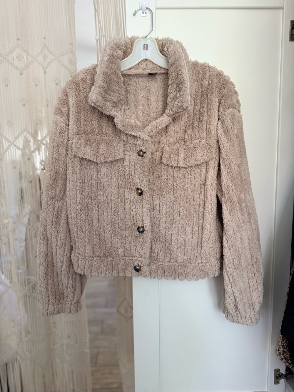 SHEIN Taupe Plush Button-Front Teddy Jacket